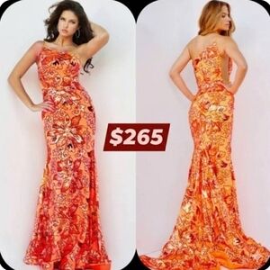 Jovani Orange Floral Strapless Maxi Gown
